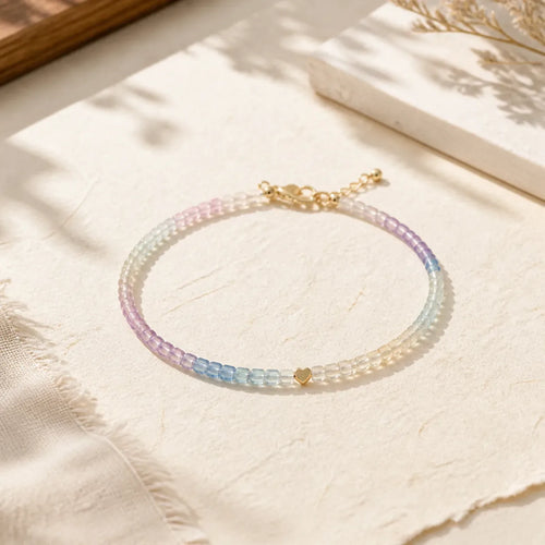 2.5mm Fluorite Ultra-thin Beads 14k Gold Plated Copper Heart Power Bracelet featuring Fluorite, Copper