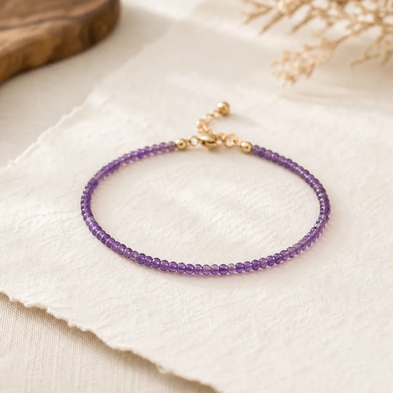 2.5mm Natural Amethyst Ultra-thin Beads 14k Gold Plated Copper Inner Peace Bracelet featuring Amethyst, Copper