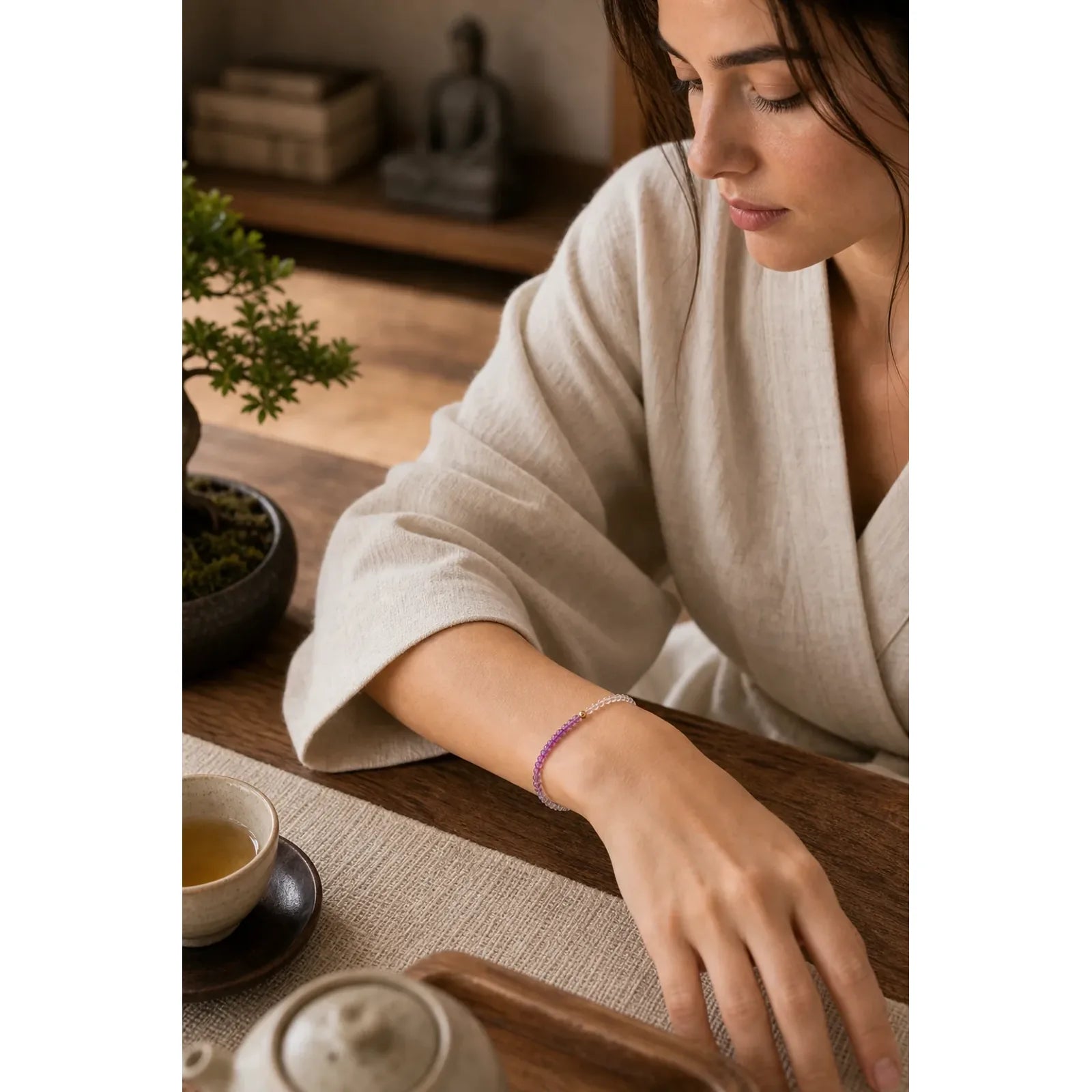 2.5mm Natural Amethyst Ultra-thin Beads 14k Gold Plated Copper Inner Peace Bracelet featuring Amethyst, Copper