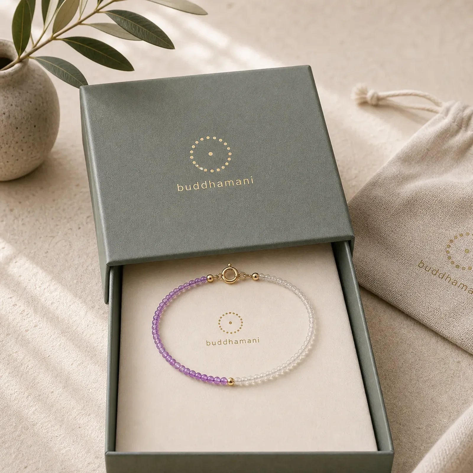 2.5mm Natural Amethyst Ultra-thin Beads 14k Gold Plated Copper Inner Peace Bracelet featuring Amethyst, Copper