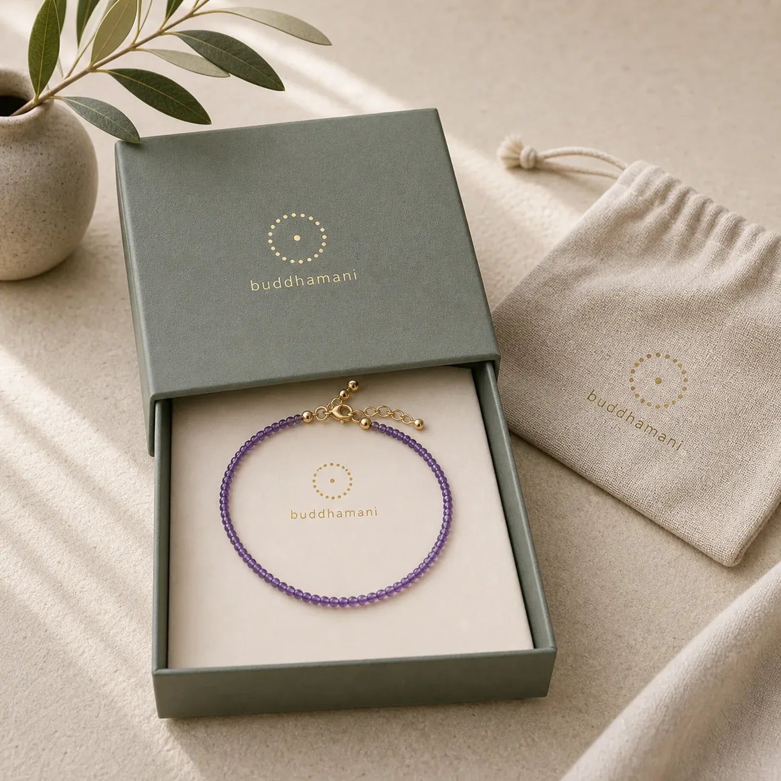 2.5mm Natural Amethyst Ultra-thin Beads 14k Gold Plated Copper Inner Peace Bracelet featuring Amethyst, Copper