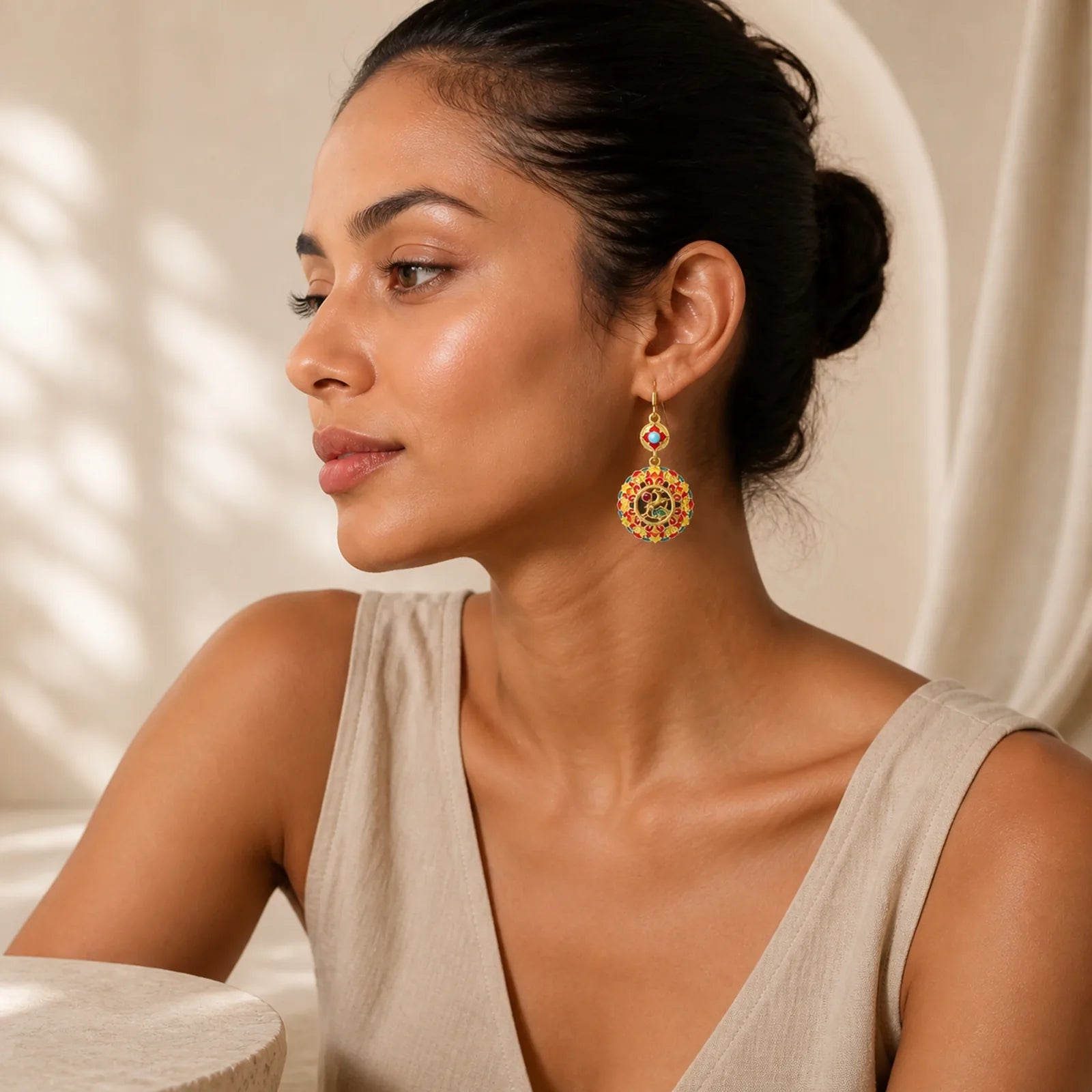 24K Gold Plated Dunhuang Color Elk Copper Balance Drop Earrings featuring Copper, Silver