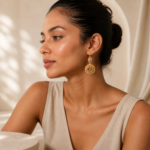 24K Gold Plated Dunhuang Color Elk Copper Balance Drop Earrings featuring Copper, Silver
