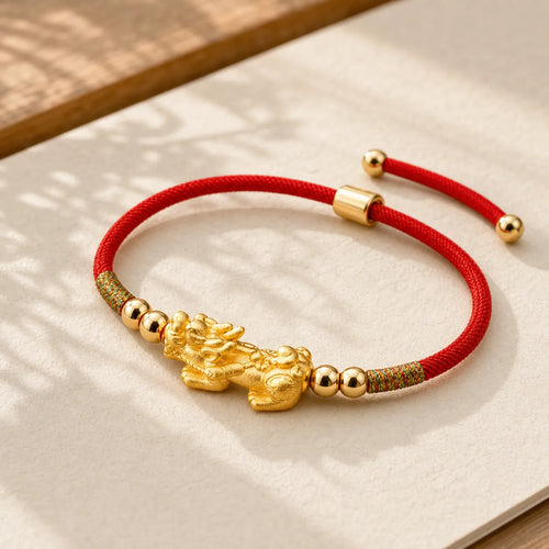 24K Gold-Plated PiXiu Luck Red String Bracelet featuring Pixiu, Red String, Silver