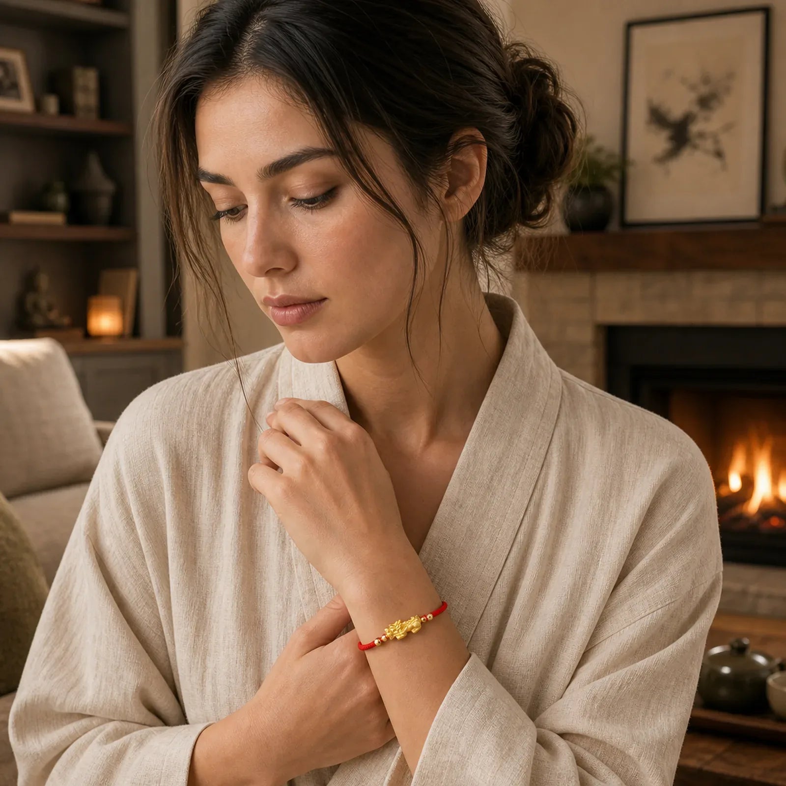 24K Gold-Plated PiXiu Luck Red String Bracelet featuring Pixiu, Red String, Silver