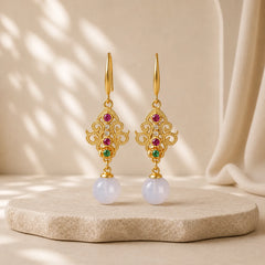 24K Gold Plated Round Chalcedony Positive Dangle Drop Earrings featuring Chalcedony
