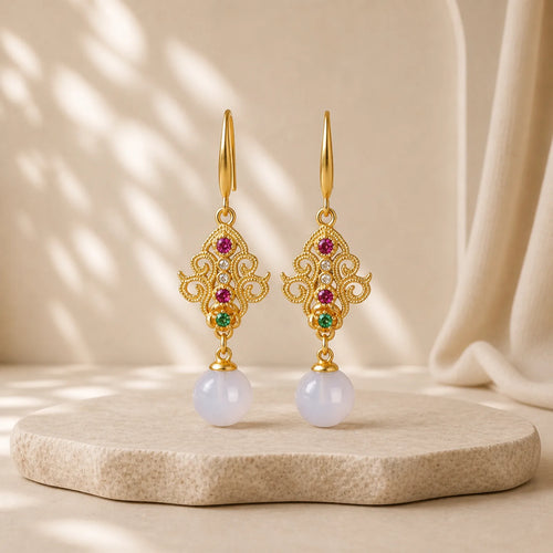 24K Gold Plated Round Chalcedony Positive Dangle Drop Earrings featuring Chalcedony