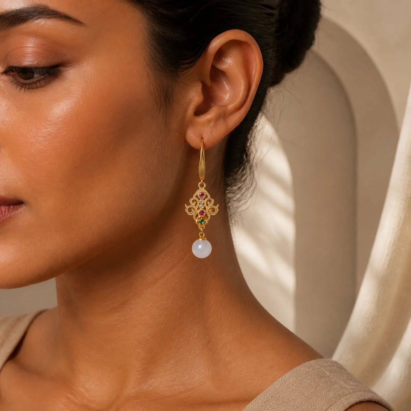 24K Gold Plated Round Chalcedony Positive Dangle Drop Earrings featuring Chalcedony