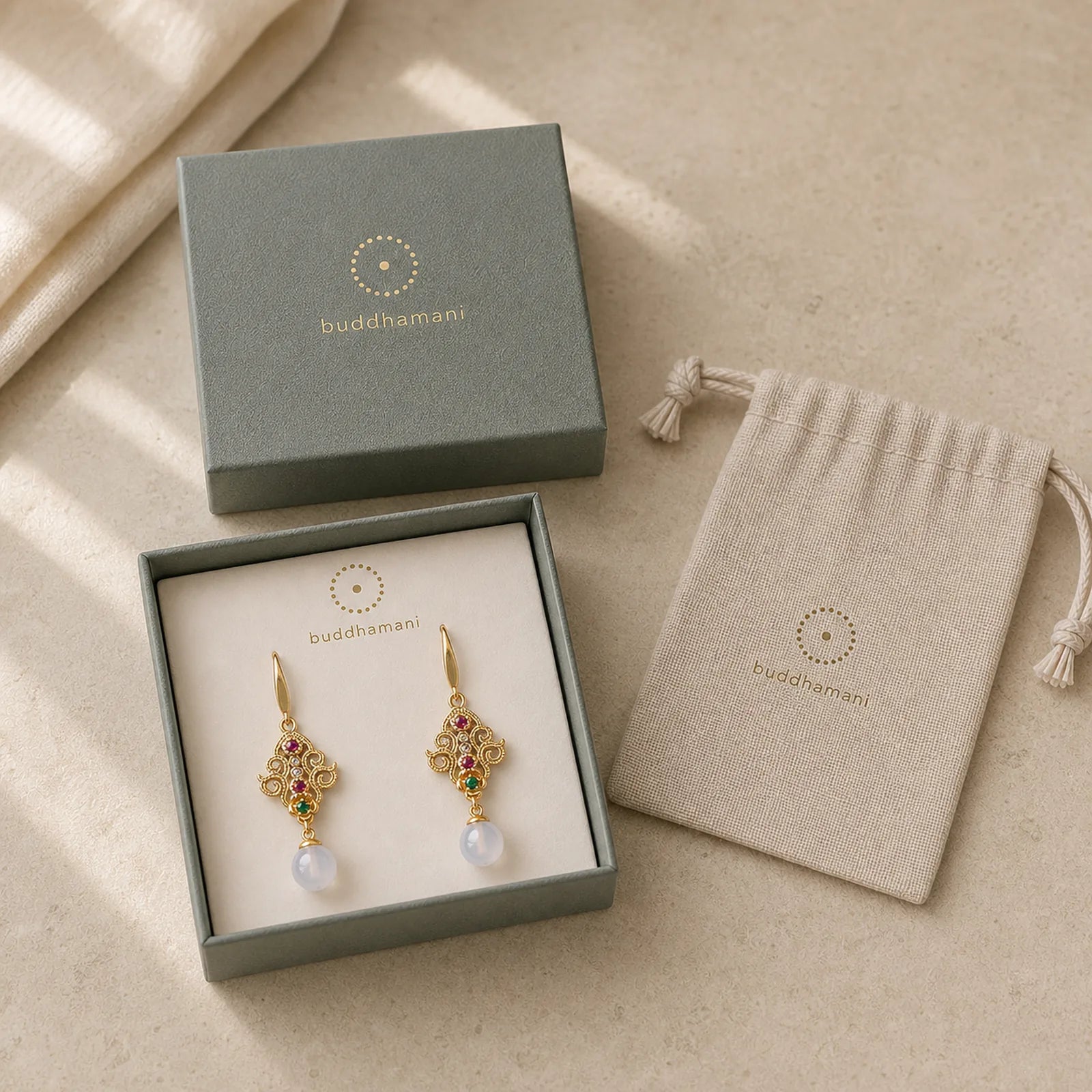 24K Gold Plated Round Chalcedony Positive Dangle Drop Earrings featuring Chalcedony