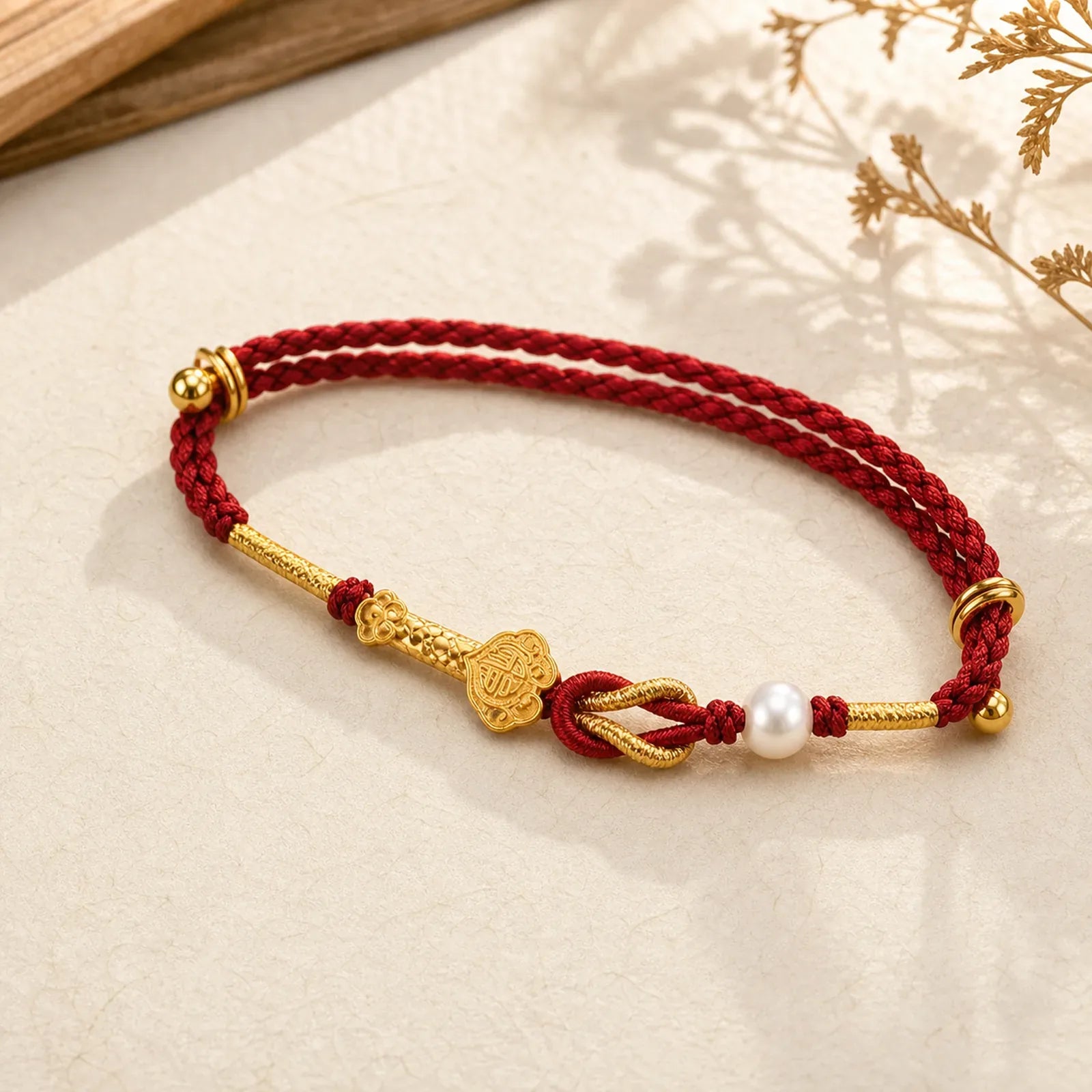 24K Gold Wish Ruyi Handle Fu Character Rabbit Pearl Luck Braided Bracelet featuring Fu Character, Pearl, Red String