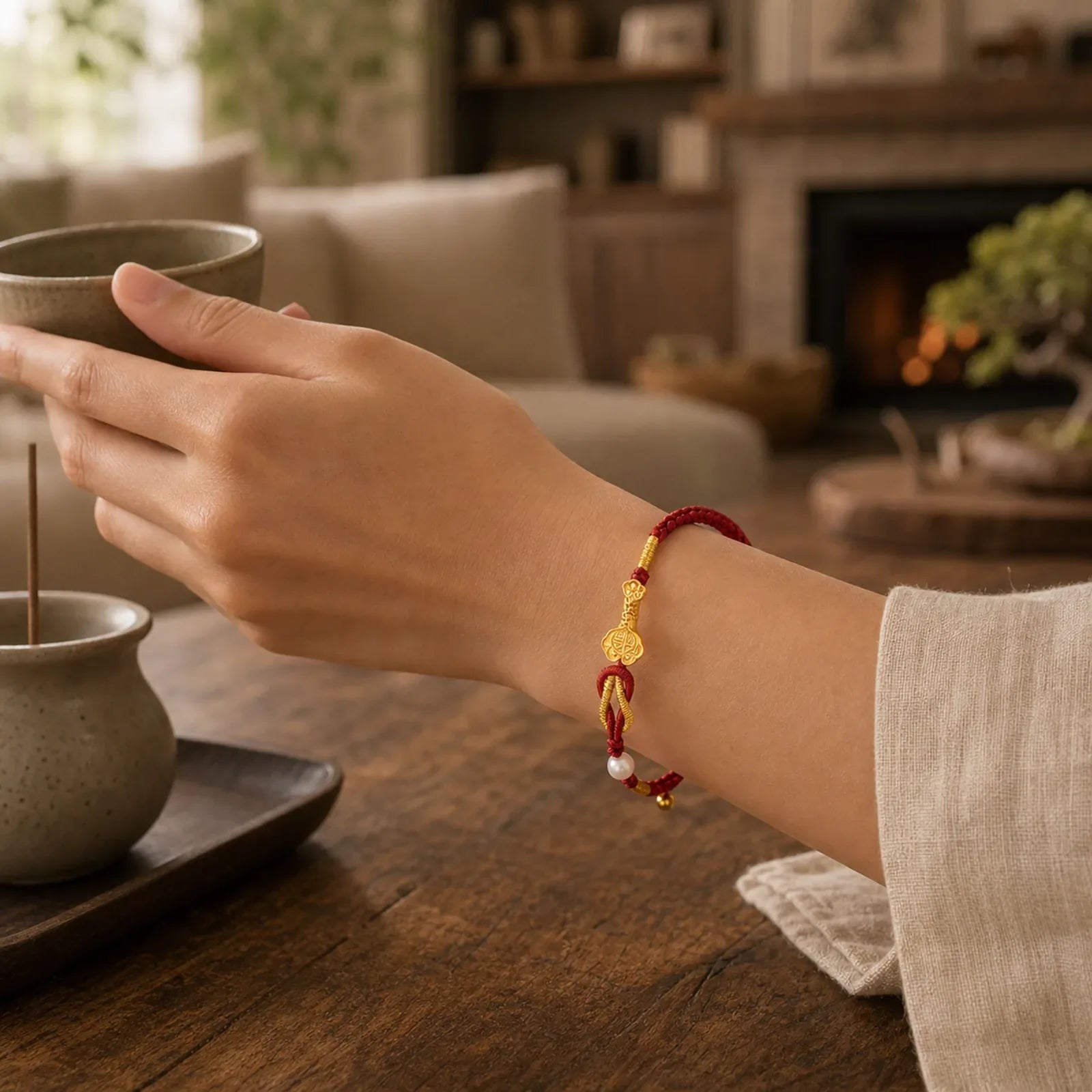 24K Gold Wish Ruyi Handle Fu Character Rabbit Pearl Luck Braided Bracelet featuring Fu Character, Pearl, Red String