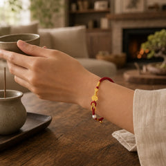 24K Gold Wish Ruyi Handle Fu Character Rabbit Pearl Luck Braided Bracelet featuring Fu Character, Pearl, Red String