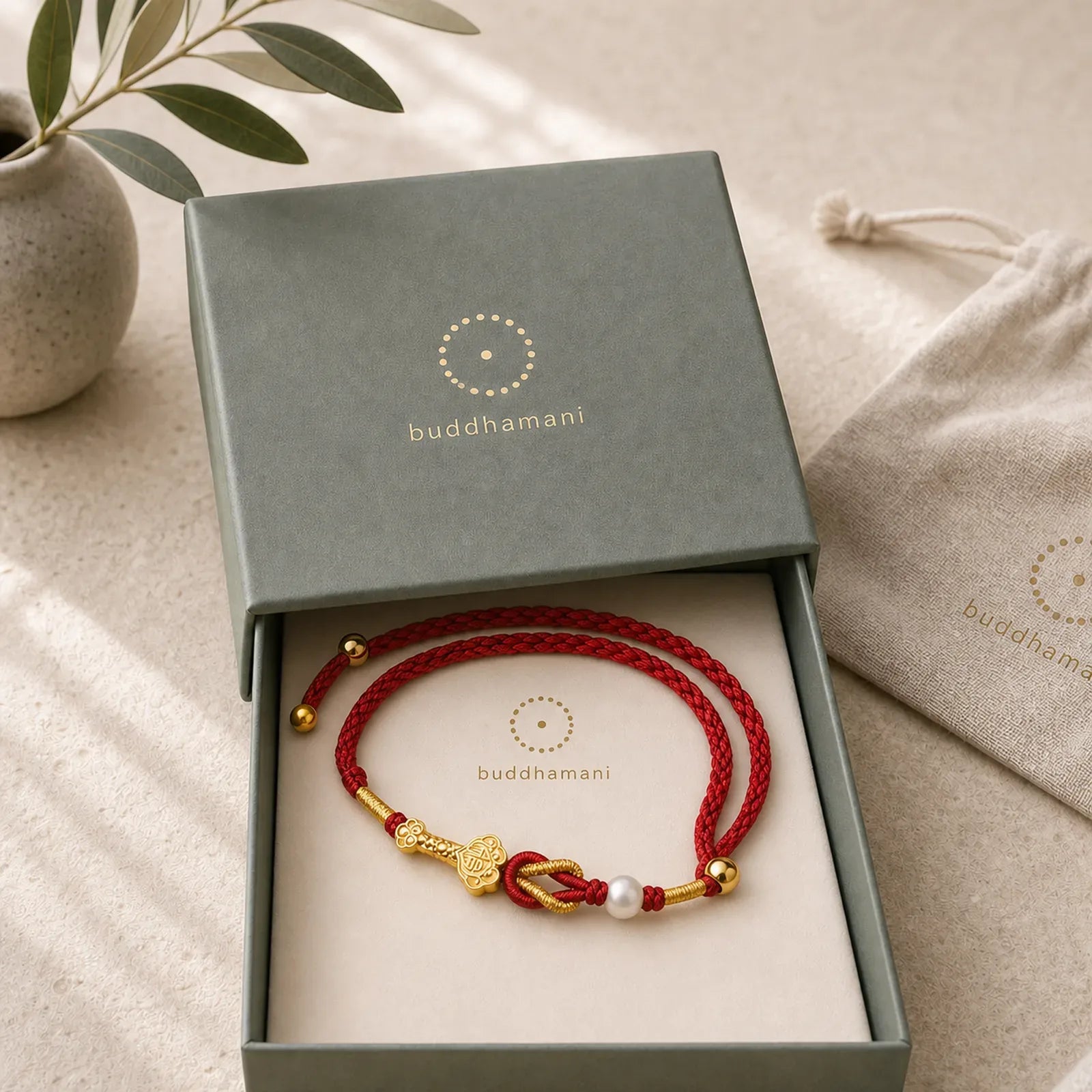 24K Gold Wish Ruyi Handle Fu Character Rabbit Pearl Luck Braided Bracelet featuring Fu Character, Pearl, Red String