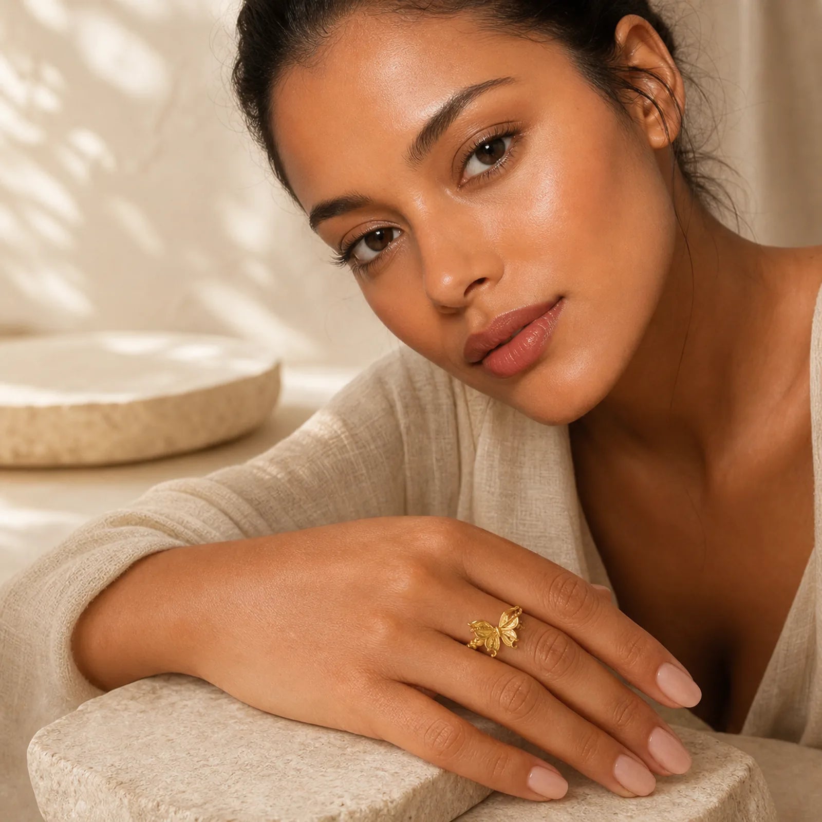 24k Gold Plated Brass Butterfly Symbol Adjustable Love Ring featuring Butterfly, Feng Shui Butterfly