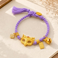 24k Gold Plated Brass Fox Bell Charm Fu Character Woven Purple String Luck Bracelet featuring Fu Character, Copper