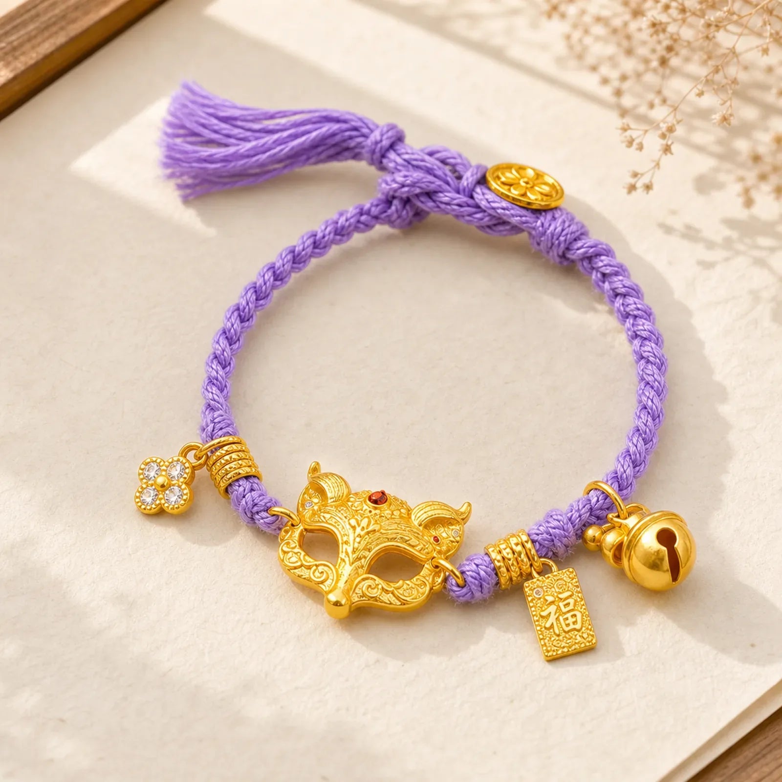 24k Gold Plated Brass Fox Bell Charm Fu Character Woven Purple String Luck Bracelet featuring Fu Character, Copper