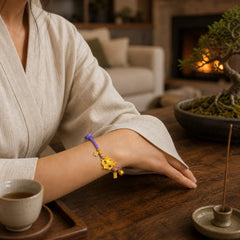 24k Gold Plated Brass Fox Bell Charm Fu Character Woven Purple String Luck Bracelet featuring Fu Character, Copper
