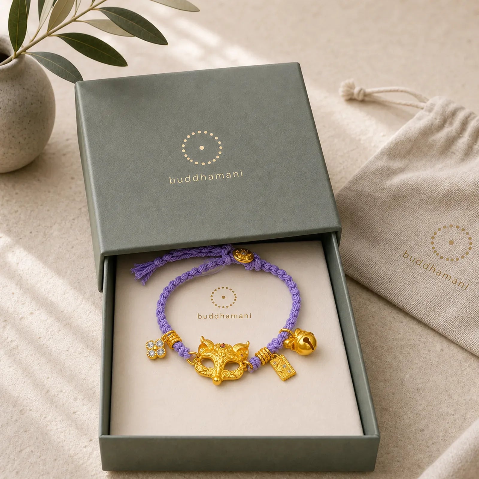 24k Gold Plated Brass Fox Bell Charm Fu Character Woven Purple String Luck Bracelet featuring Fu Character, Copper