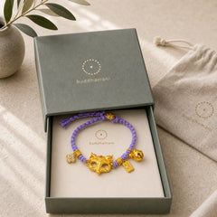 24k Gold Plated Brass Fox Bell Charm Fu Character Woven Purple String Luck Bracelet featuring Fu Character, Copper