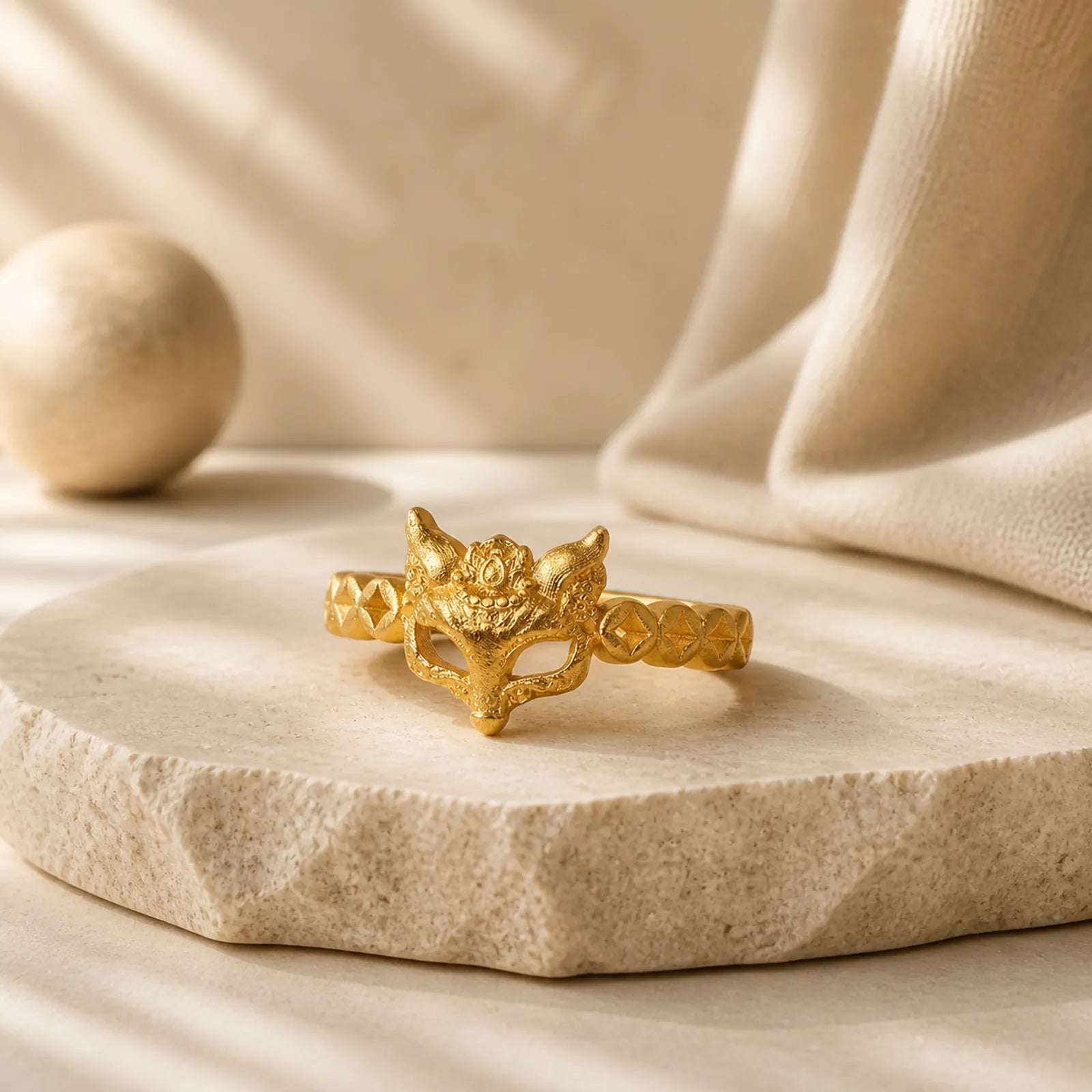 24k Gold Plated Brass Fox Coin Hollow Design Adjustable Ring featuring Copper