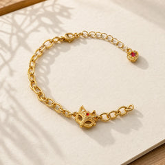 24k Gold Plated Brass Fox Design Heart Charm Chain Bracelet featuring Copper