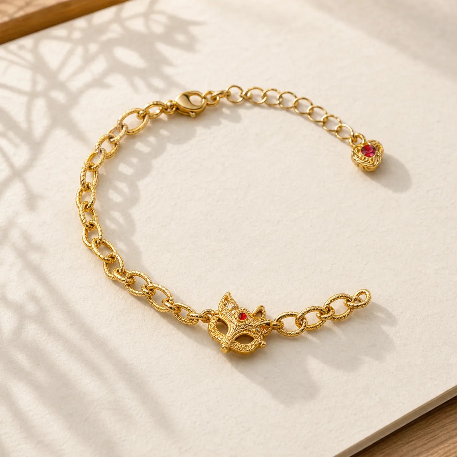 24k Gold Plated Brass Fox Design Heart Charm Chain Bracelet featuring Copper