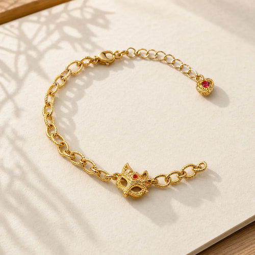 24k Gold Plated Brass Fox Design Heart Charm Chain Bracelet featuring Copper