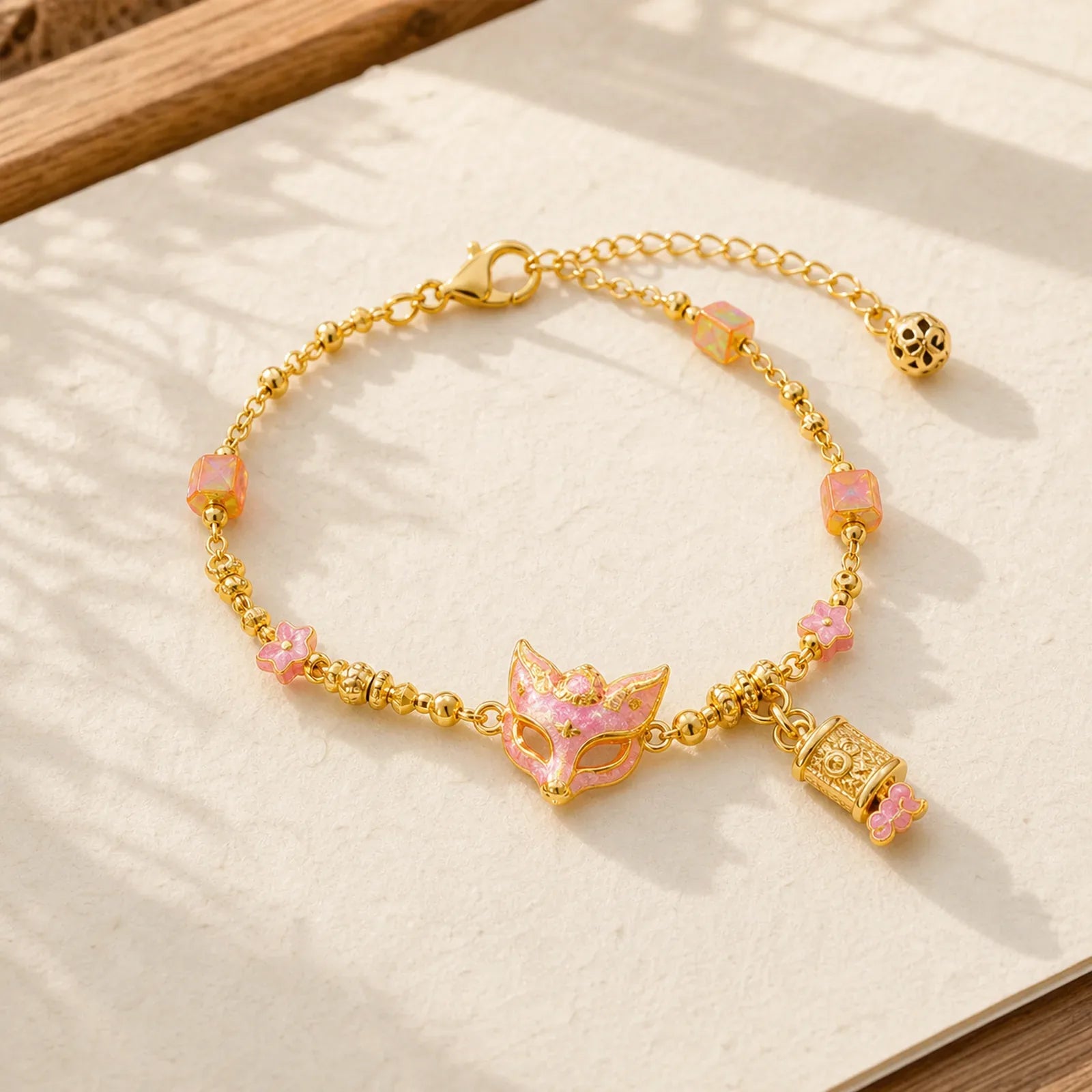 24k Gold Plated Brass Fox Fu Character Ruyi Charm Luck Bracelet featuring Fu Character, Copper