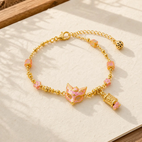 24k Gold Plated Brass Fox Fu Character Ruyi Charm Luck Bracelet featuring Fu Character, Copper