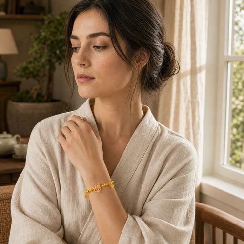 24k Gold Plated Brass Fox Fu Character Ruyi Charm Luck Bracelet featuring Fu Character, Copper