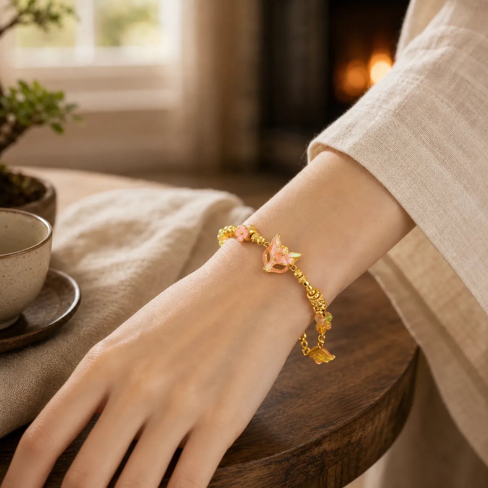 24k Gold Plated Brass Fox Fu Character Ruyi Charm Luck Bracelet featuring Fu Character, Copper