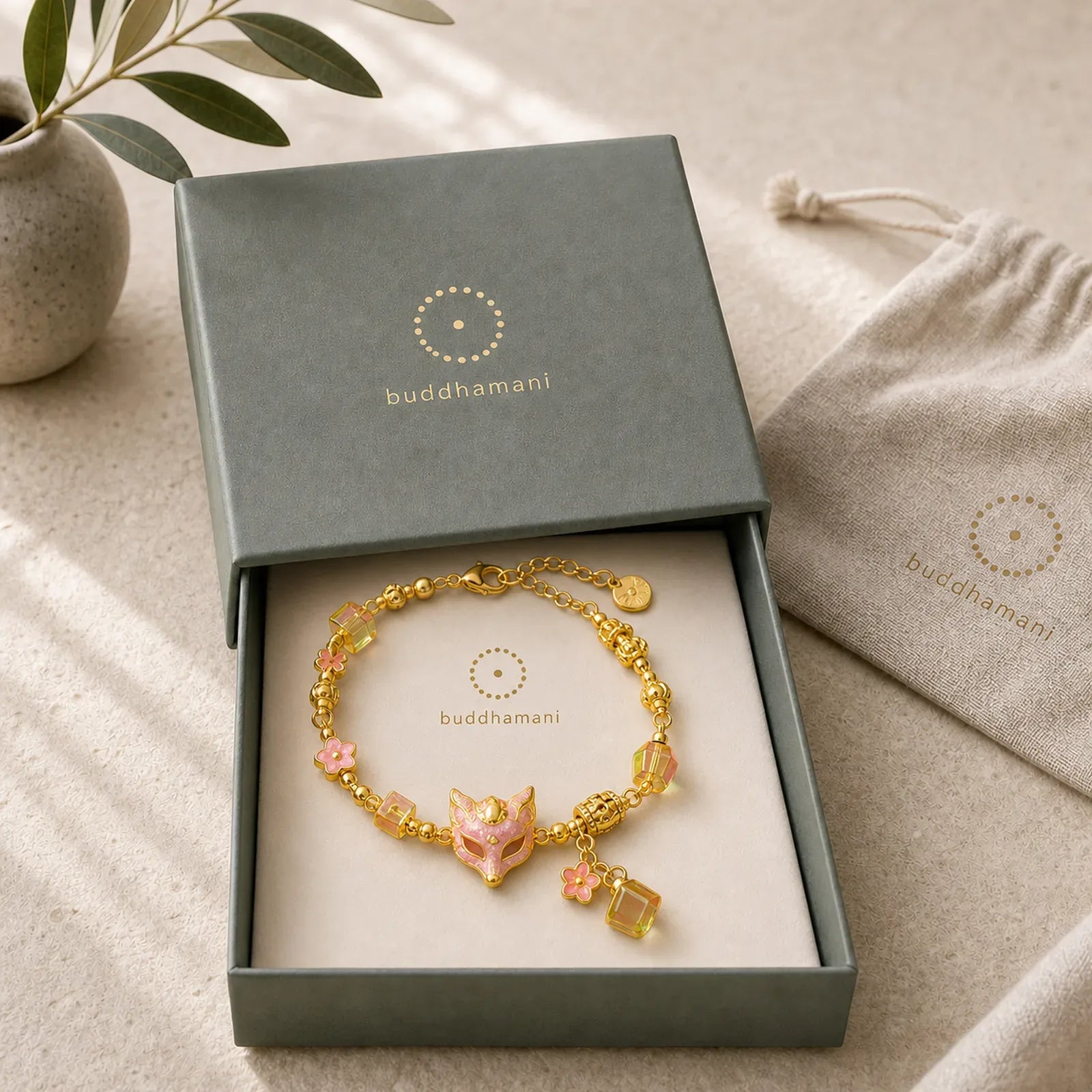 24k Gold Plated Brass Fox Fu Character Ruyi Charm Luck Bracelet featuring Fu Character, Copper