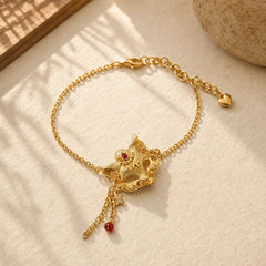 24k Gold Plated Brass Fox Mask Charm Tassel Chain Bracelet featuring Copper