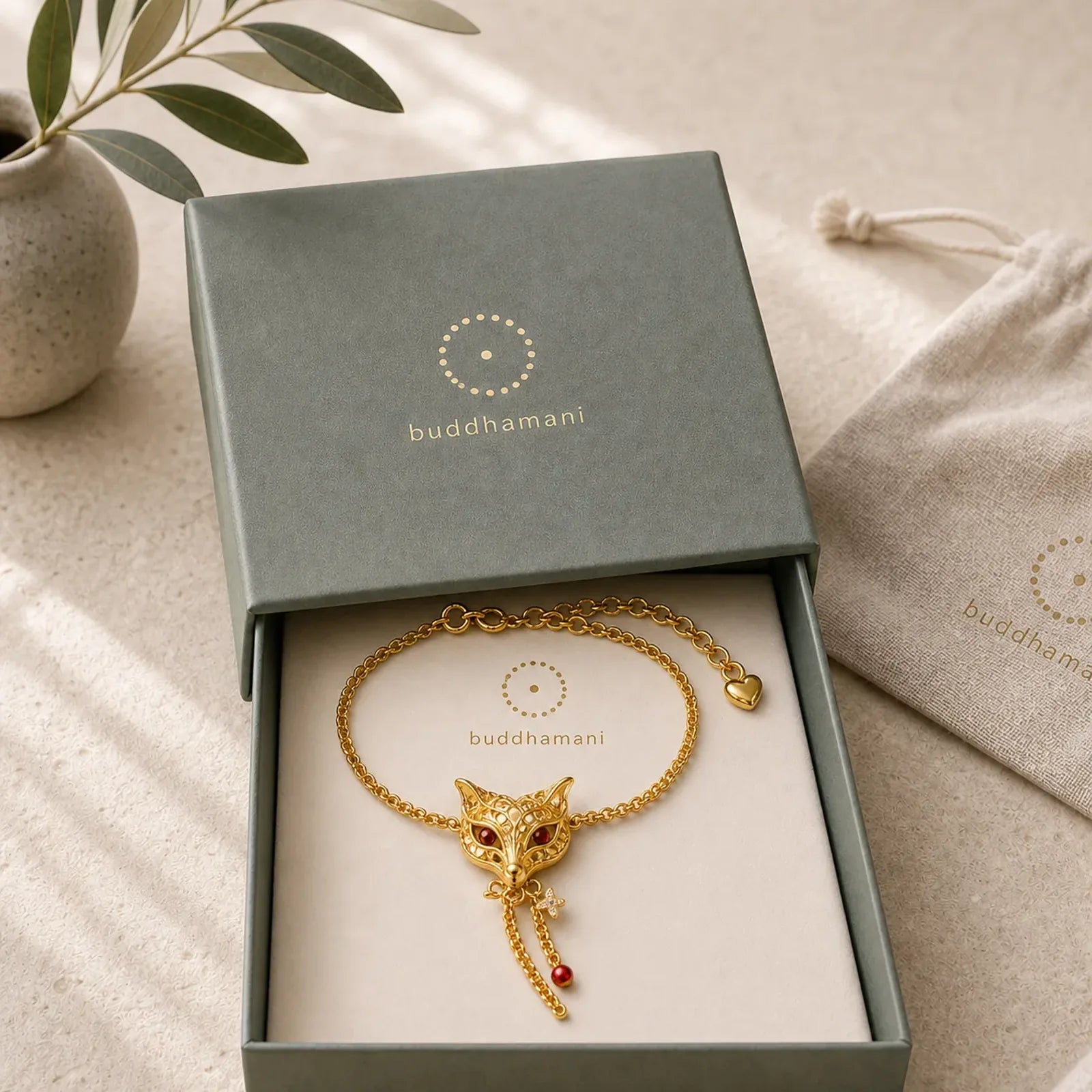 24k Gold Plated Brass Fox Mask Charm Tassel Chain Bracelet featuring Copper
