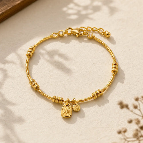 24k Gold Plated Brass Fu Character Lucky Charm Blessing Bracelet featuring Fu Character