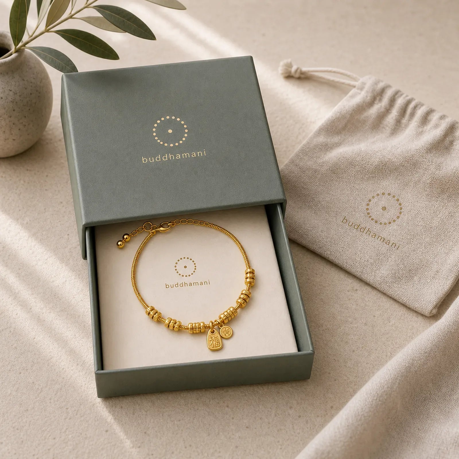 24k Gold Plated Brass Fu Character Lucky Charm Blessing Bracelet featuring Fu Character