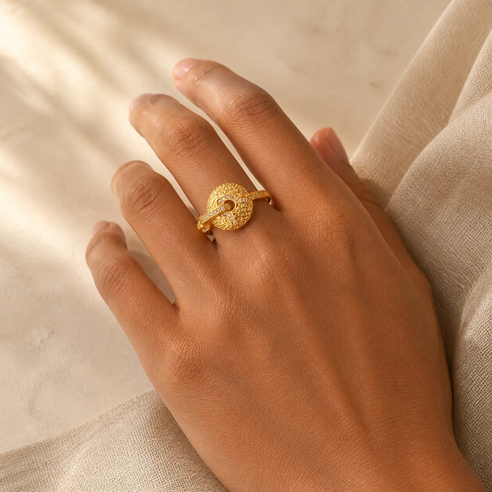 24k Gold Plated Brass Hollow Carved Design Peace Buckle Adjustable Fortune Ring featuring Peace Buckle, Copper