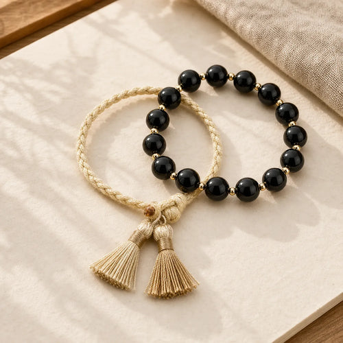 2Pcs Black Onyx Bead Support Protection String Bracelet featuring Black Onyx