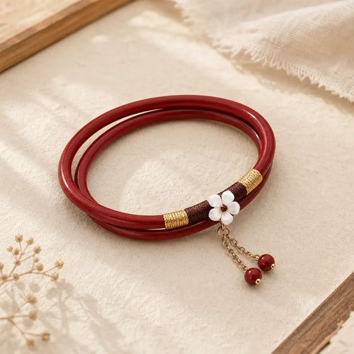 2Pcs Cinnabar Flower Blessing Bangle Charm Bracelet featuring Cinnabar, Jade