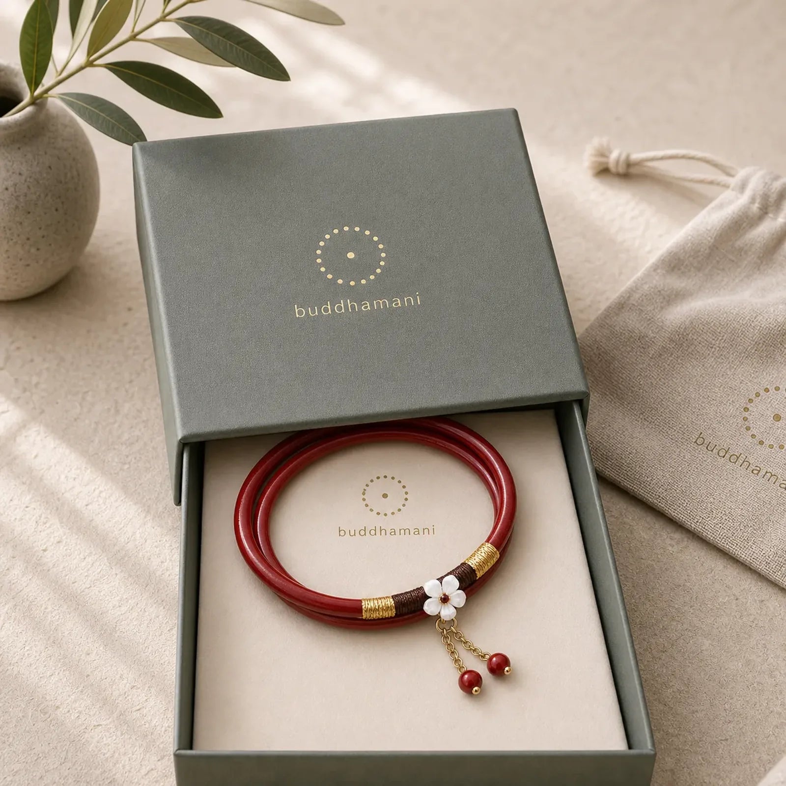 2Pcs Cinnabar Flower Blessing Bangle Charm Bracelet featuring Cinnabar, Jade