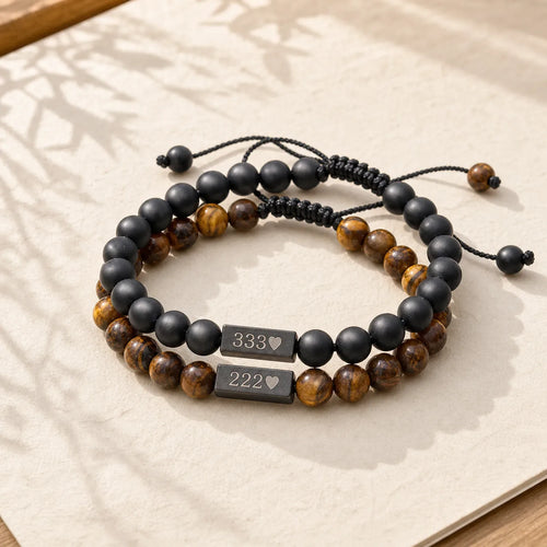 2Pcs Frosted Stone Tiger Eye 333 222 111 11:11 444 Angel Number Cure Bracelet featuring Frosted Stone, Tiger Eye