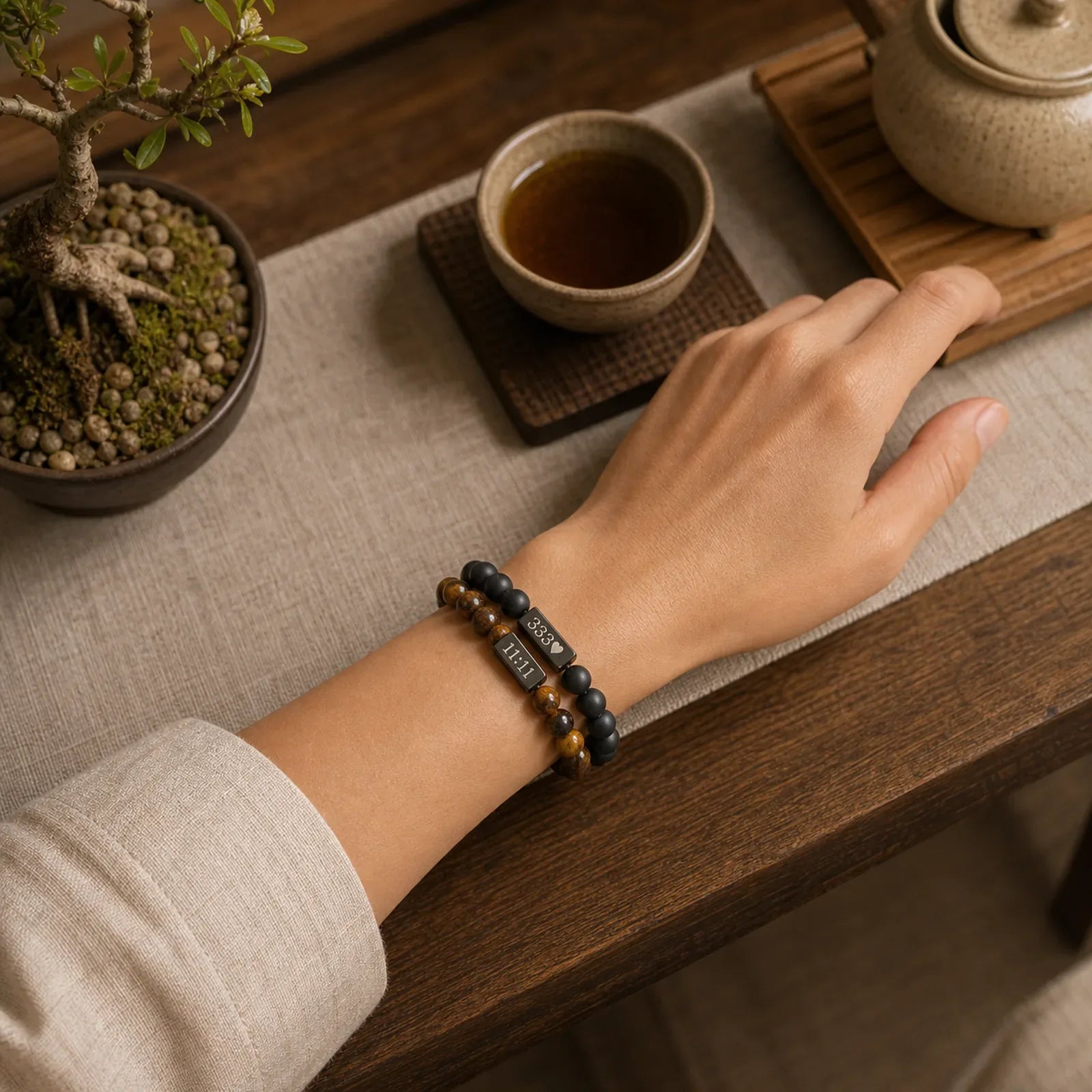 2Pcs Frosted Stone Tiger Eye 333 222 111 11:11 444 Angel Number Cure Bracelet featuring Frosted Stone, Tiger Eye