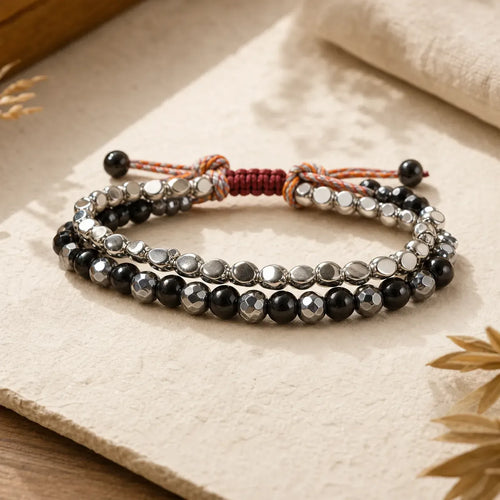 2Pcs Hematite Black Onyx Copper Beaded Powerful String Bracelet featuring Hematite, Black Onyx, Copper