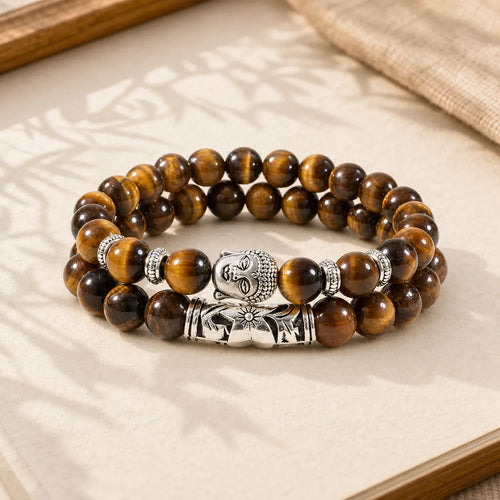 2Pcs Natural Crystal Agate Buddha Protection Bracelet featuring Tiger Eye, Red Turquoise, Turquoise