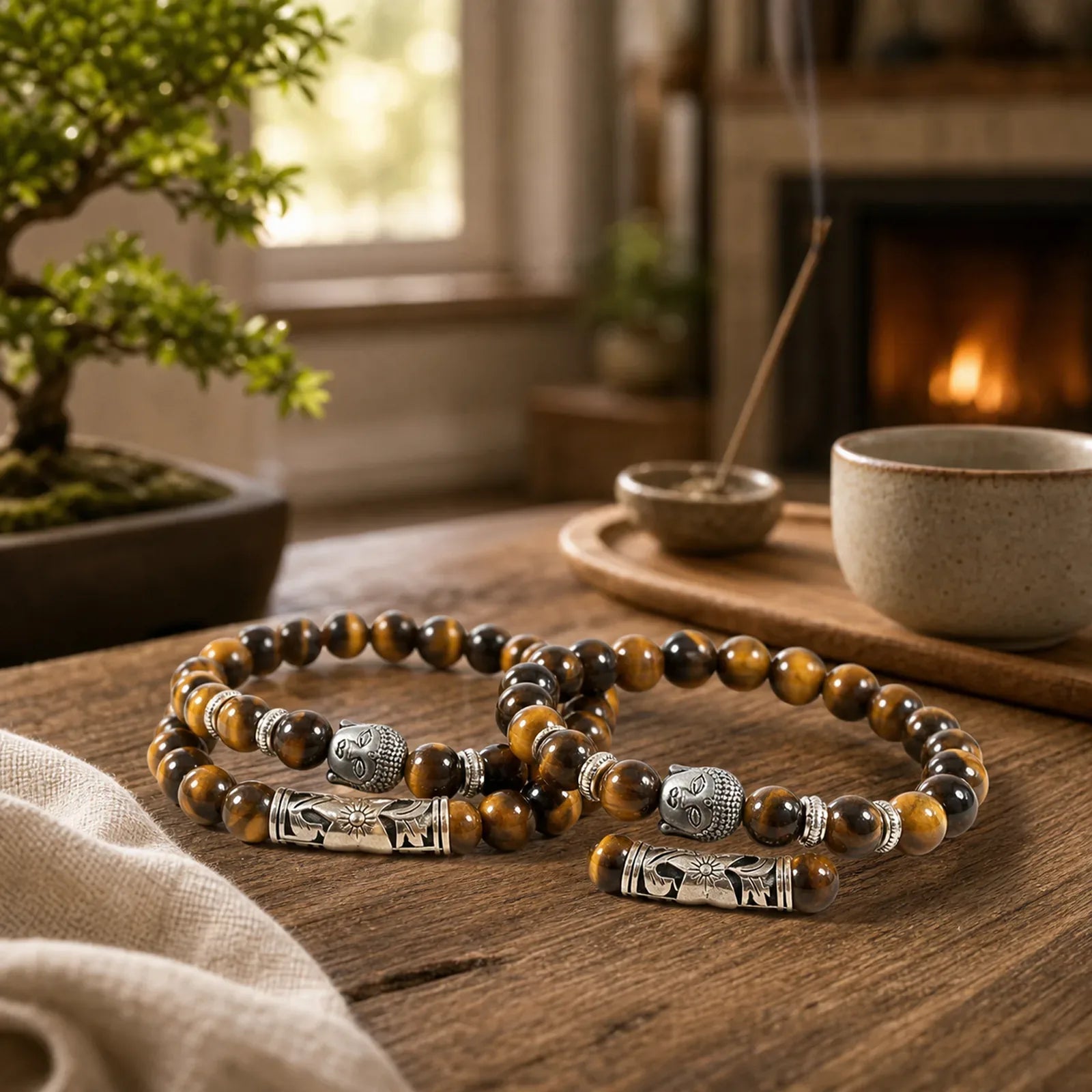 2Pcs Natural Crystal Agate Buddha Protection Bracelet featuring Tiger Eye, Red Turquoise, Turquoise