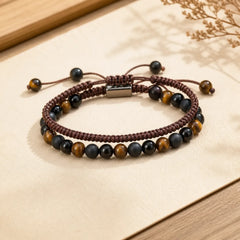 2Pcs Natural Tiger Eye Black Obsidian Protection String Bracelet featuring Tiger Eye, Black Obsidian, Blue Tiger Eye