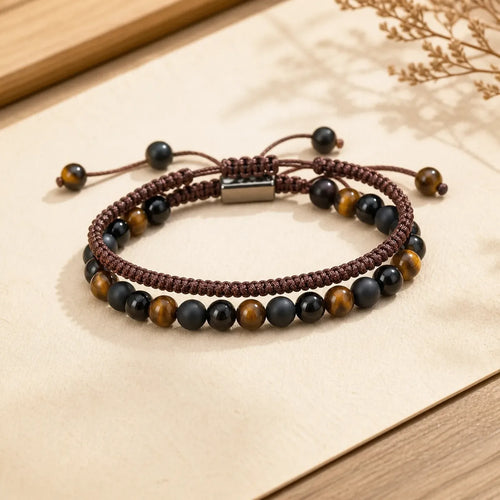 2Pcs Natural Tiger Eye Black Obsidian Protection String Bracelet featuring Tiger Eye, Black Obsidian, Blue Tiger Eye