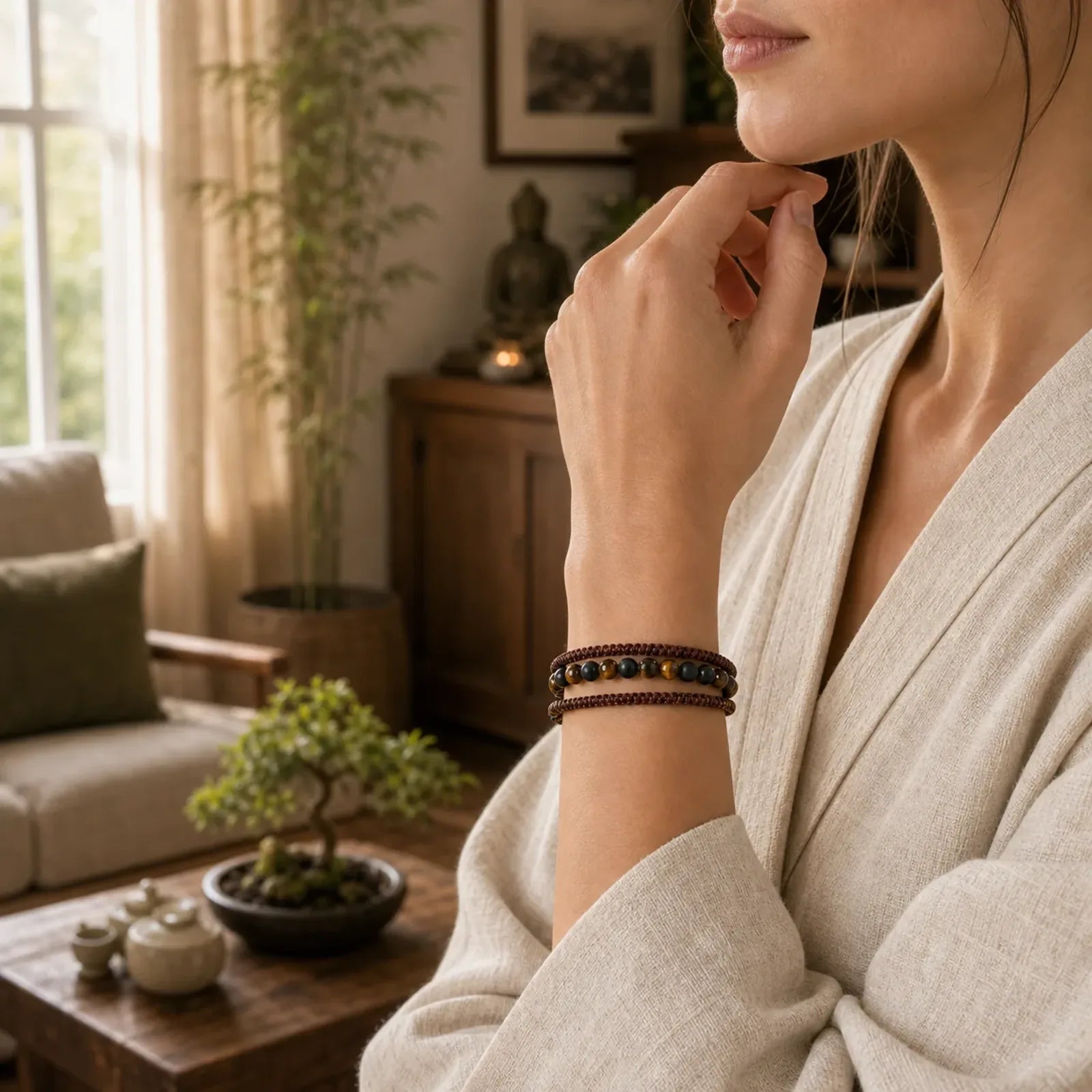 2Pcs Natural Tiger Eye Black Obsidian Protection String Bracelet featuring Tiger Eye, Black Obsidian, Blue Tiger Eye