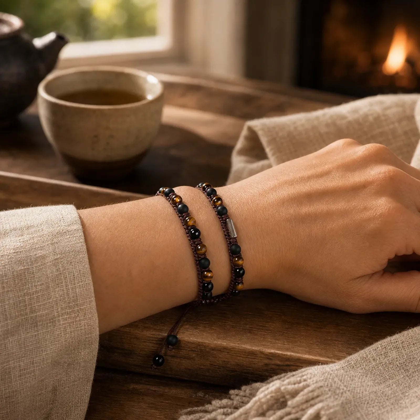 2Pcs Natural Tiger Eye Black Obsidian Protection String Bracelet featuring Tiger Eye, Black Obsidian, Blue Tiger Eye