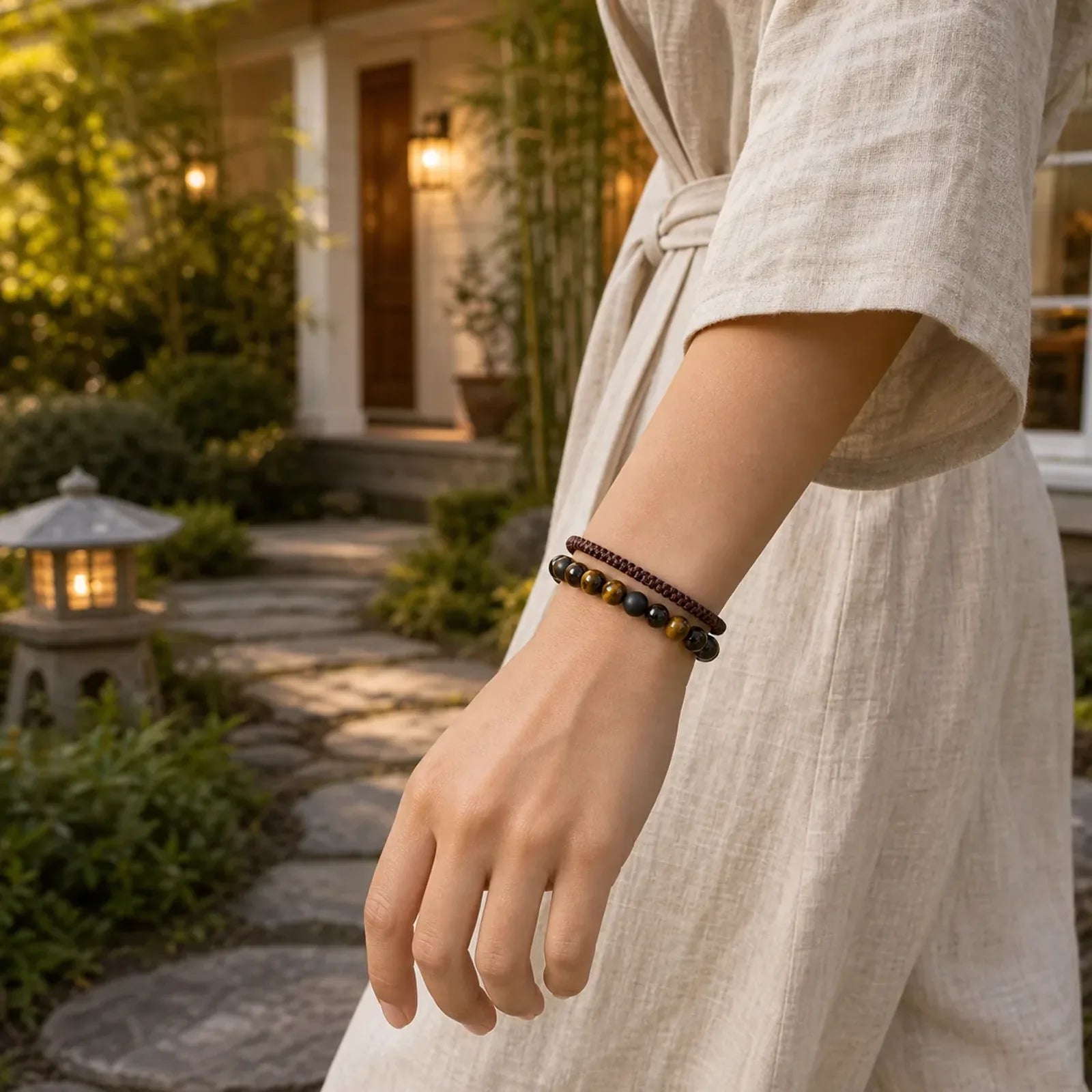 2Pcs Natural Tiger Eye Black Obsidian Protection String Bracelet featuring Tiger Eye, Black Obsidian, Blue Tiger Eye